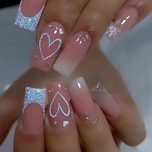 Medium Pink White Gradient Glitter Rhinestone Square Press On Nails 24 Pcs Set