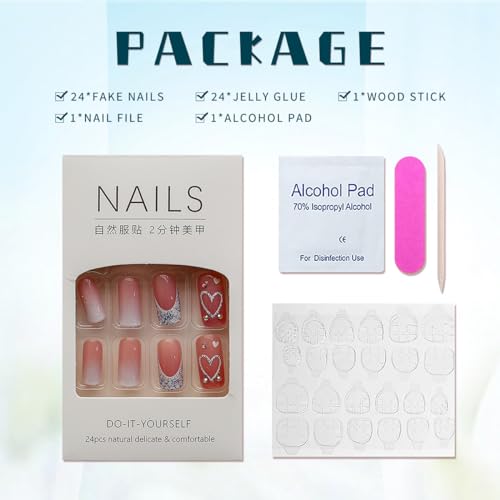 Medium Pink White Gradient Glitter Rhinestone Square Press On Nails 24 Pcs Set - Image 5