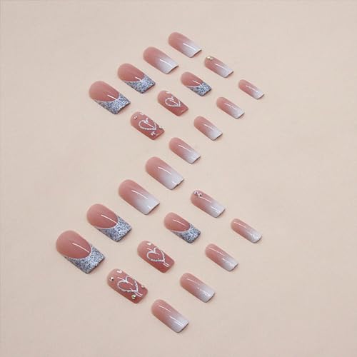 Medium Pink White Gradient Glitter Rhinestone Square Press On Nails 24 Pcs Set - Image 4