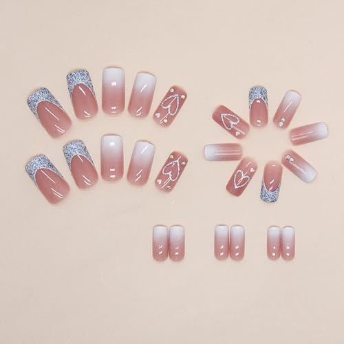Medium Pink White Gradient Glitter Rhinestone Square Press On Nails 24 Pcs Set - Image 3