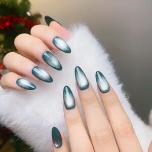 Medium Press On Nails Almond Fake Nails With Blue White Cat Eyes Designs Reuseable False Nails Acrylic Nails Press Ons Full Cover Glue On Nails Artificial Glossy Stick On Nails For Women