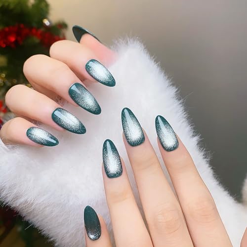 Medium Press On Nails Almond Fake Nails With Blue White Cat Eyes Designs Reuseable False Nails Acrylic Nails Press Ons Full Cover Glue On Nails Artificial Glossy Stick On Nails For Women