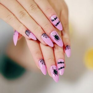 Medium Press on Nails Halloween Almond Fake Nails Purple False Nails with Black Bat Spider Web Patterns Stick on Nails Designs Acrylic Full Cover Nails for Women and Girls 24 Pcs Holiday Manicure