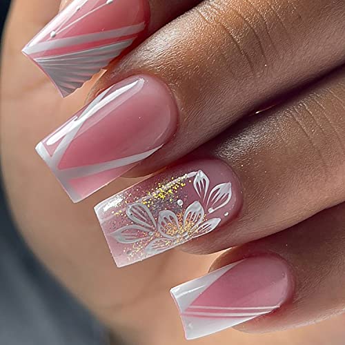 Medium Press On Nails Pink Fake Nails With Nail Glue Acrylic Square False Nails With White Flower Designs Acrylic Artificial Gold Glitter Nails Full Cover Stick On Nails For Women