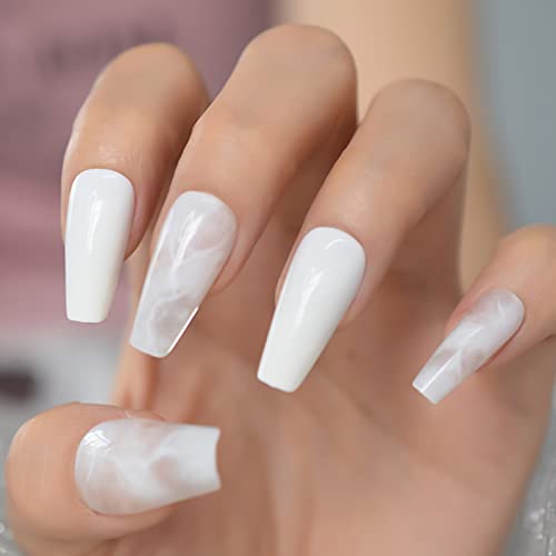 Medium Soild White Smoke Pattern Frost Designed Trendy Laies Charms Daily Wear Wedding Party Outdoor Press On Nail Tips Salons At Home Reusable Mnicure Full Cover Fingernails With Tabs Lovely