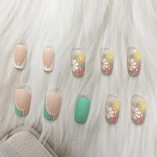 Medium Square French Tip Press-On Nails with Colorful Daisy Design, 24 Count - Image 5