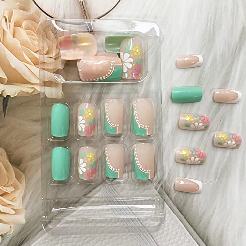 Medium Square French Tip Press-On Nails with Colorful Daisy Design, 24 Count - Image 4