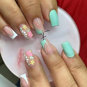Medium Square French Tip Press-On Nails with Colorful Daisy Design, 24 Count
