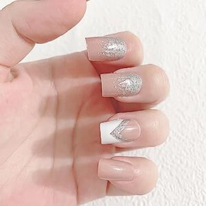 Medium Square Press on Nails Nude Pink Fake Nails French Glossy Full Cover Glitter Stick on Nails With Frosted Milky Border Designs Acrylic Artificial Nails Glue on Nails for Women 24pcs
