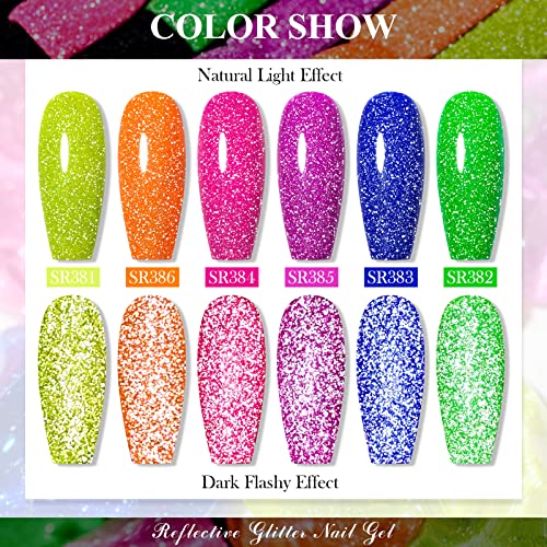 MEET ACROSS 6 Colors Neon Reflective Glitter Gel Nail Polish Kit with LED Lamp for DIY Manicure - Image 6