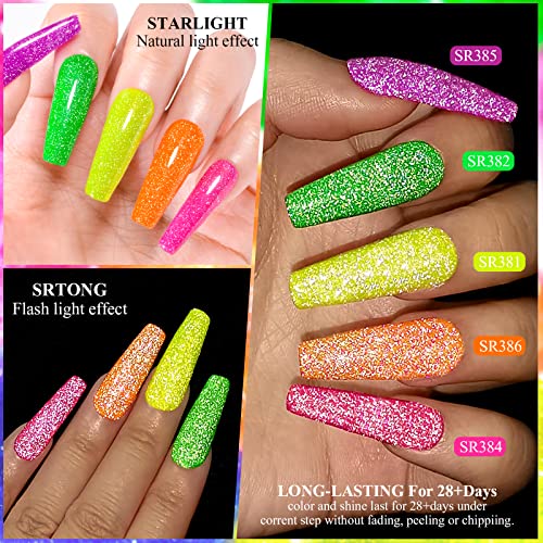 MEET ACROSS 6 Colors Neon Reflective Glitter Gel Nail Polish Kit with LED Lamp for DIY Manicure - Image 4