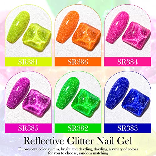 MEET ACROSS 6 Colors Neon Reflective Glitter Gel Nail Polish Kit with LED Lamp for DIY Manicure - Image 3