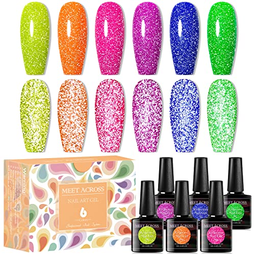 MEET ACROSS 6 Colors Neon Reflective Glitter Gel Nail Polish Kit with LED Lamp for DIY Manicure
