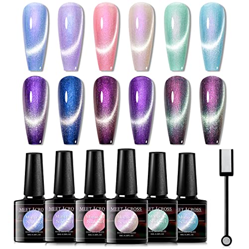 MEET ACROSS Cat Eye Gel Polish Mermaid Glitter Nail Polish Set Soak Off UV LED Light Magic Gel Nail Polish Kit Manicure Nail Art Gift Kit 6 Colors Free Magnet Stick (Mermaid Glitter)