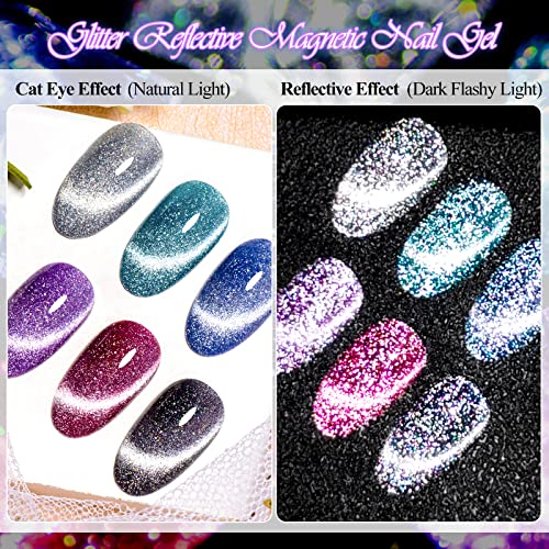 MEET ACROSS Reflective Glitter Cat Eye Gel Nail Polish Set, Sparky Diamond Cateye Nail Polish, Magnetic Gel Polish, Soak off UV Gel Nail Polish with Magnet Stick for Nail Art Salon and DIY - Image 2