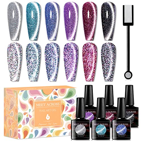 MEET ACROSS Reflective Glitter Cat Eye Gel Nail Polish Set, Sparky Diamond Cateye Nail Polish, Magnetic Gel Polish, Soak off UV Gel Nail Polish with Magnet Stick for Nail Art Salon and DIY