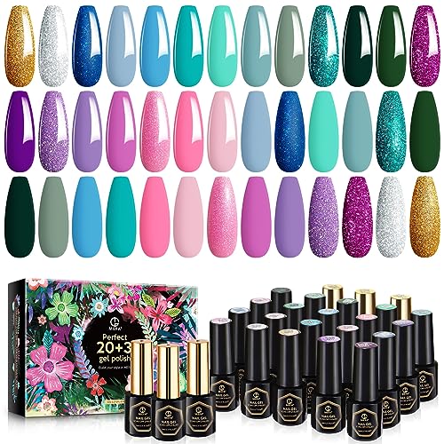 MEFA Gel Nail Polish Set 23 Pcs Mermaid 20 Colors, Glitter Pink Blue Sage Green Purple Shimmer Silver Nail Gel Kit with Glossy & Matte Top Base Coat Starters Nails Art Manicure Gifts for Women Girls