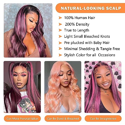 MEGALOOK 28 Inch Ombre Purple Body Wave Brazilian Virgin Human Hair Lace Front Wig 180% Density - Image 3