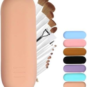 Meiyuuo Travel Makeup Brush Holder, Large Silicone Brushes Set Protect Cover Bag Small Items Organizer Zipper Closure Pouch, Waterproof Cute Case for Daily, Work Gift for Her Khaki