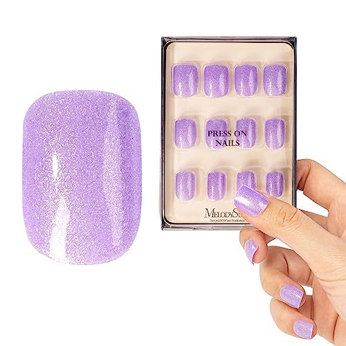 MelodySusie Press on Nails Purple, Short Square Salon Acrylic Fake Nails, Glossy Solid Color 30pcs 12Sizes, Glitter Disposable Manicure Set for Women and Girls