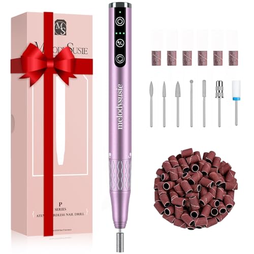 MelodySusie Professional Cordless Nail Drill, PM220C Portable Rechargeable Electric Efile Nail Machine File Gift Set with Bits and Sanding Bands for Acrylic Gel Nails, Manicure Pedicure Polishing