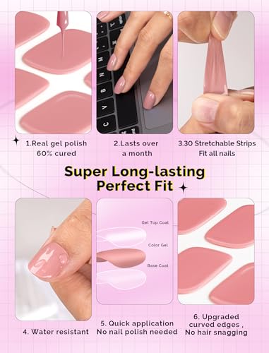 MelodySusie Semi Cured Gel Nail Strips, Rose Pink- Works with Any Nail Lamps, Salon-Quality, Long Lasting, Easy to Apply - Includes 30Pcs, Free 5D Stickers, 2 Prep Pads, Nail File & Wooden Stick - Image 6