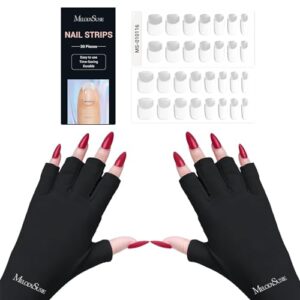 MelodySusie Semi Cured Gel Nail Strips (White French) and MelodySusie UV Gloves for Gel Nail Lamp, Professional UPF50+ Protection Manicures