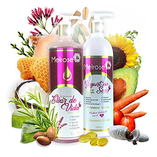 Melrose ELIXIR DE VIDA Shampoo + YOGURT DE SEDA Treatment (deep conditioner) | Free of salt, parabens and petroleum derivatives. CONTROLS HAIR-LOSS, STIMULATES GROWTH, REPAIRS DAMAGED STRANDS AND REJUVENATES HAIR.