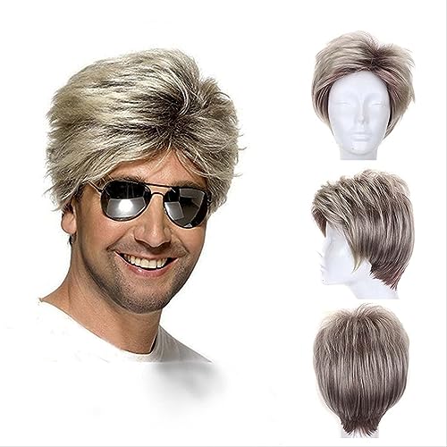 Men 80s Street Wig Wig Brown Gray Short Wave Fluffy Dark Root Male Wig Synthetic Full Machine Made Layered Hair with Bangs Wig for Men Daily
