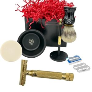 Men Safety Razor Shaving Gift Kit | Vintage Wet Shave Grooming Set for Men - Includes: Safety Razor, Hair Shaving Brush, Drip Shave Stand, Shave Soap, Bowl & Double Edge Razor Blades (Bronze)