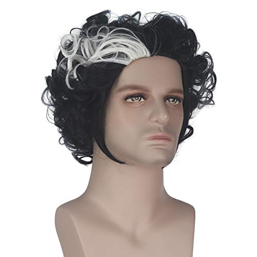 Men's Short Curly Black Hair with White Color Highlight Halloween Cosplay Costume Wig