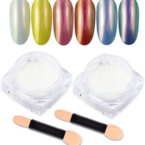 Mermaid Chrome Nail Powder, 2 Jars Neon Iridescent Chrome Powder Aurora Nail Powders Mermaid Pearl Magic Mirror Glitter Effect Pigment Powder Dust Manicure Tips with Sponge Applicators