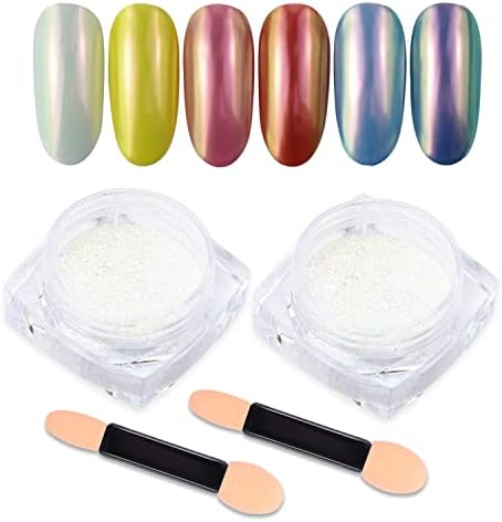 Mermaid Chrome Nail Powder, 2 Jars Neon Iridescent Chrome Powder Aurora Nail Powders Mermaid Pearl Magic Mirror Glitter Effect Pigment Powder Dust Manicure Tips with Sponge Applicators