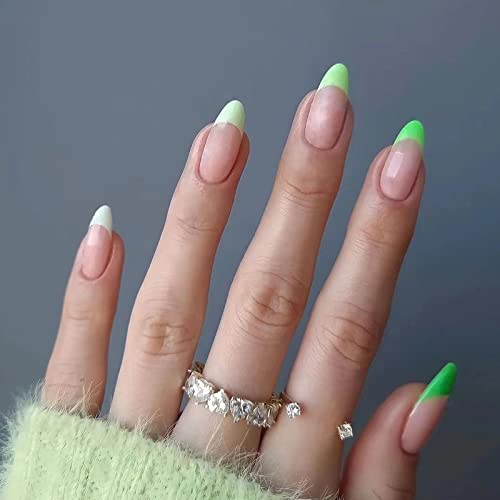 MERVF Green Almond Press on Nails Medium French Tip Fake Nails Neon Stiletto Glue on Nails Spring Acrylic Nails St. Patrick's Day False Nails Glossy 24Pcs