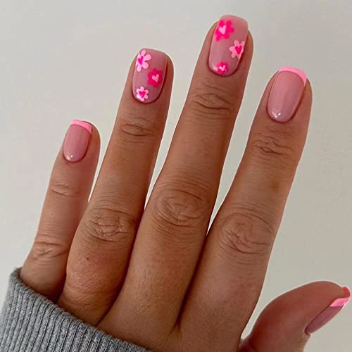 MERVF Square Press on Nails Medium Fake Nails Pink French Tip Squoval Glue on Nails with Flower Design 24pcs Glossy Artificial Acrylic Nails for Women