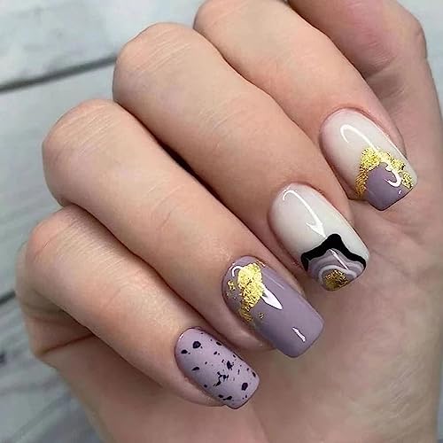 MERVF Square Press on Nails Medium Fake Nails Purple French Tip Squoval Glue on Nails Press ons with Glitter Design 24pcs Glossy Artificial Acrylic Nails White False Nails for Women