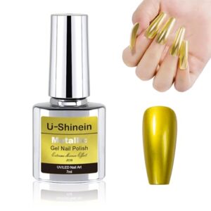 Metallic Gel Nail Polish, 7ml Mirror Chrome Gel Nail Polish, Upgraded Metal Gel Polish, Long-Lasting Mirror Shine Effect Metallic Nail Gel Soak Off UV/LED DIY Nail Art - Sunlit Gold
