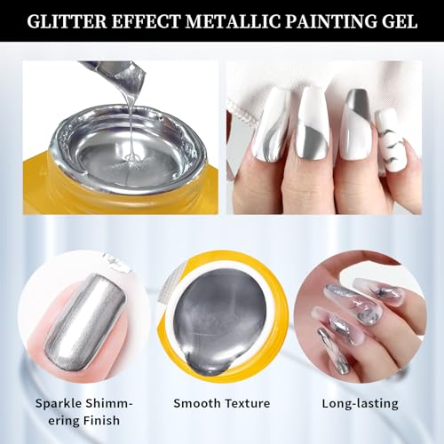 Metallic Gel Nail Polish Kit - 8ml Mirror Silver & Gold Metallic Painting Gel, 3 Colors Chrome Nail Powder with Mirror Chrome Base Coat & Top Gel Polish Nail Tools for DIY Nail Art Manicure - Image 3