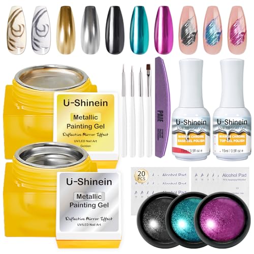 Metallic Gel Nail Polish Kit - 8ml Mirror Silver & Gold Metallic Painting Gel, 3 Colors Chrome Nail Powder with Mirror Chrome Base Coat & Top Gel Polish Nail Tools for DIY Nail Art Manicure