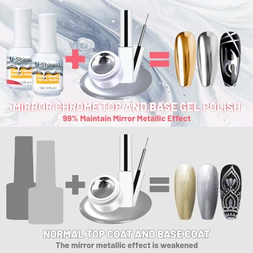 Metallic Gel Nail Polish Kit - 8ml Mirror Silver & Gold Metallic Painting Gel, 3 Colors Chrome Nail Powder with Mirror Chrome Base Coat & Top Gel Polish Nail Tools for DIY Nail Art Manicure - Image 4