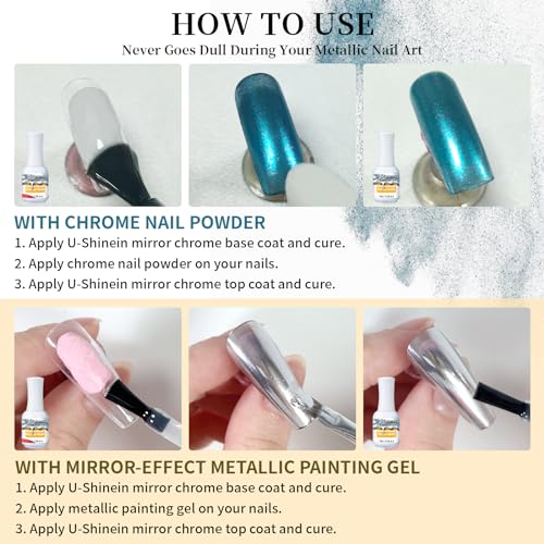 Metallic Gel Nail Polish Kit - 8ml Mirror Silver & Gold Metallic Painting Gel, 3 Colors Chrome Nail Powder with Mirror Chrome Base Coat & Top Gel Polish Nail Tools for DIY Nail Art Manicure - Image 6