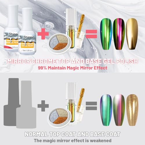 Metallic Gel Nail Polish Kit - 8ml Mirror Silver & Gold Metallic Painting Gel, 3 Colors Chrome Nail Powder with Mirror Chrome Base Coat & Top Gel Polish Nail Tools for DIY Nail Art Manicure - Image 5
