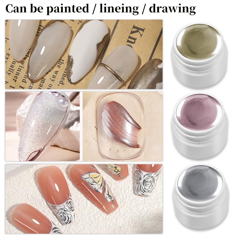 Metallic Painted UV Gel Nail Polish,3 Colors 3D Nail Art Creative Elastic Metallic Painted Glue Soak Off Nail Polish Home DIY Manicure Nail Salon Varnish Golden Silver Rose Golden - Image 6