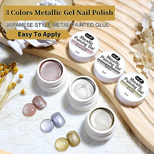 Metallic Painted UV Gel Nail Polish,3 Colors 3D Nail Art Creative Elastic Metallic Painted Glue Soak Off Nail Polish Home DIY Manicure Nail Salon Varnish Golden Silver Rose Golden - Image 7