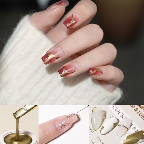 Metallic Painting Nail Polish Gel, Mirror Painting UV Gel Polish, 3D Gold Silver Nail Art Painting Liner, Chrome Gel Nail Polish Glossy UV/LED DIY Nail Manicure (Gold) - Image 2