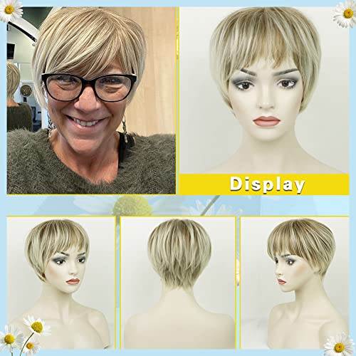 MIMAN Pixie Cut Wig Short Blonde Wigs with Bangs Fluffy Layered Synthetic Hair Wigs Mommy Wig Short Hair Styles for Women (Blonde Mixed Brown) - Image 3