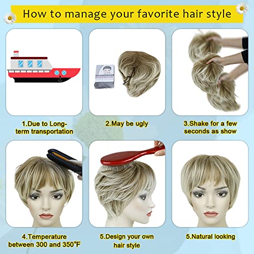 MIMAN Pixie Cut Wig Short Blonde Wigs with Bangs Fluffy Layered Synthetic Hair Wigs Mommy Wig Short Hair Styles for Women (Blonde Mixed Brown) - Image 7