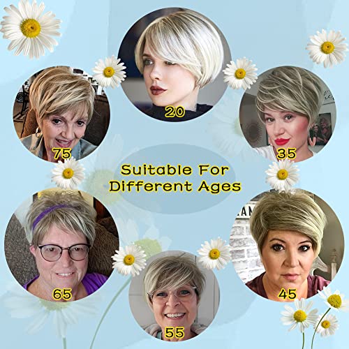 MIMAN Pixie Cut Wig Short Blonde Wigs with Bangs Fluffy Layered Synthetic Hair Wigs Mommy Wig Short Hair Styles for Women (Blonde Mixed Brown) - Image 6