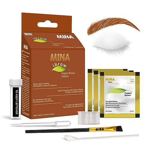 MINA ibrow Hair Color Tint Kit Regular Pack with Brush For Professional Tinting & Coloring, Covers Gray Hair, Stays up to 6 Weeks-(30 applications)(Copper Brown)