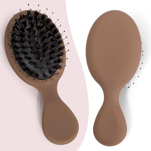 Mini Boar Bristle Hair Brush for Women Kids, Soft Natural Bristles for Thin and Fine Hair, Restore Shine and Texture, Travel Size Wet & Dry Detangler Brush, Brown